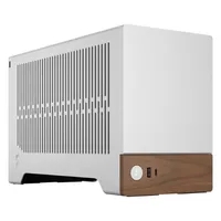Close-up of the Fractal Design Terra case, showcasing its distinctive wood grain front panel and compact design.