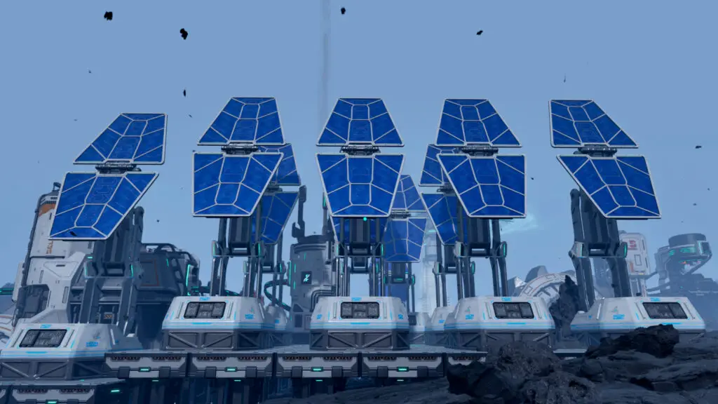 StarRupture power connection: A row of five solar panels next to each other in a rocky, alien environment.