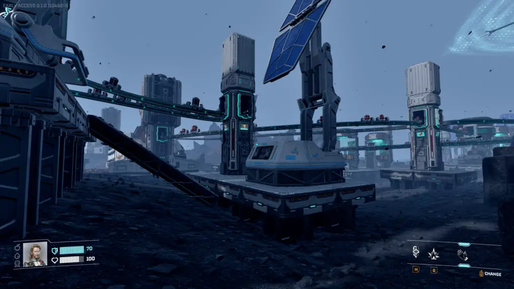 StarRupture power connection: A view of a production line with a solar panel connected to a tall storage system, leading to another platform via stairs on the left side.