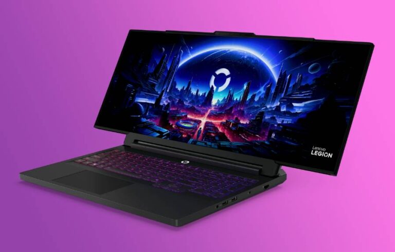 A Lenovo rollable screen concept gaming laptop on a pink and purple background.