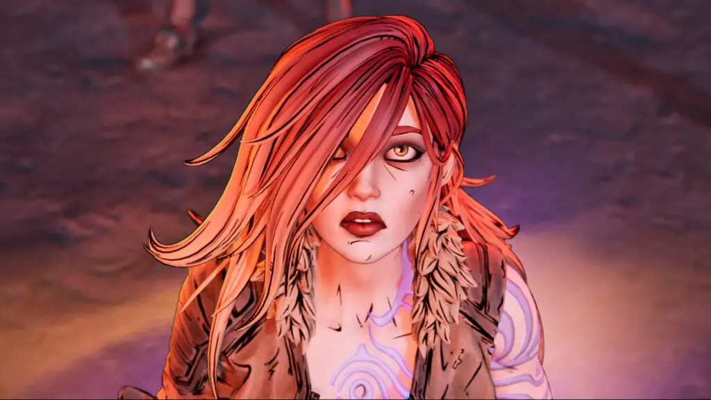 Borderlands 4 unlock UVHM: A close-up shot looking down at Lilith, who's looking upwards with a worried expression.