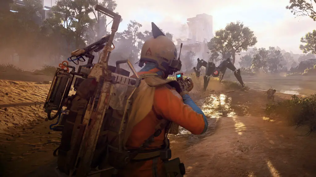 Arc Raiders quest missions list: A player wearing a blue and orange outfit with a streamlined helmet firing at a Leaper strafing in the distance.