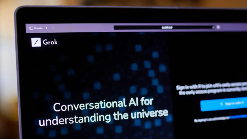 The Grok website on a laptop computer arranged in New York, US, on Wednesday, Nov. 8, 2023. Elon Musk revealed his own artificial intelligence bot, dubbed Grok, claiming the prototype is already superior to ChatGPT 3.5 across several benchmarks.