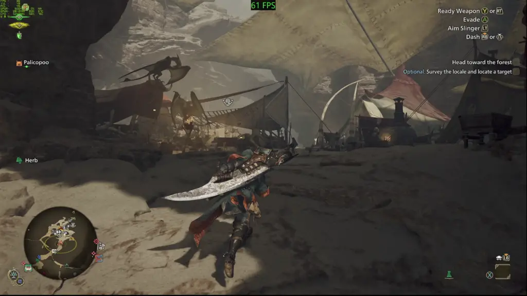 A screenshot of Monster Hunter Wilds being performance tested