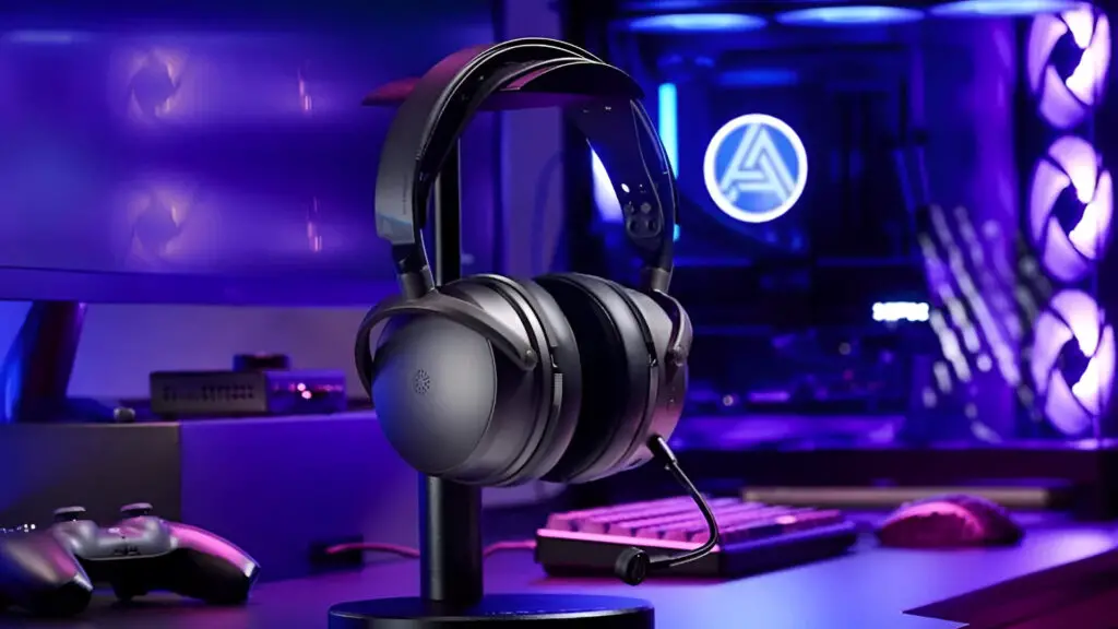 A promotional image for the Audeze Maxwell 2 wireless gaming headset, showcasing its sleek design and advanced audio technology.