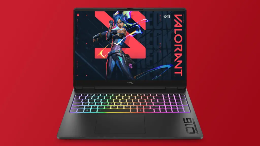 A HyperX Omen Max 16 gaming laptop on a red gradient background