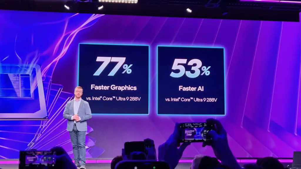 A presentation slide at Intel's Panther Lake reveal at CES 2026, showcasing new chip architecture.
