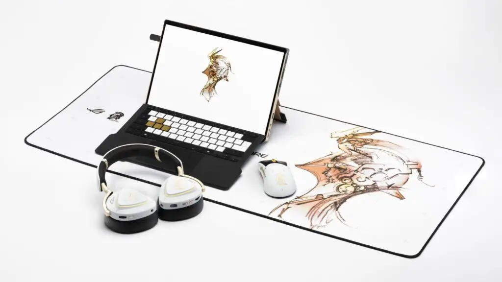 Asus x Kojima Productions collaboration tech, including a gaming mouse, headset, mouse pad, and Flow Z13 tablet