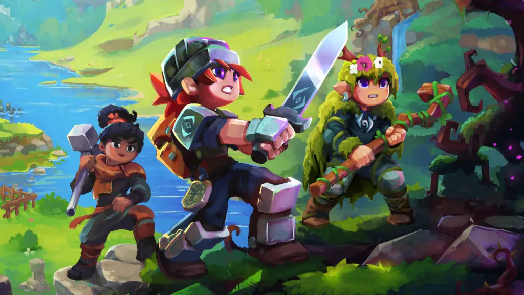 Hytale key art showcasing its vibrant, block-based world and adventure elements, featuring various characters and creatures.