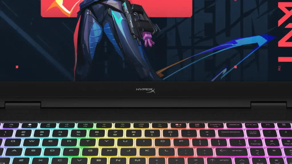 A close up of the HyperX branding beneath the 16-inch screen of the HyperX Omen Max 16 gaming laptop
