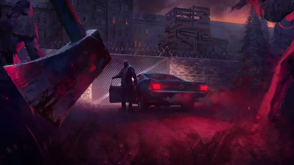 Cultic key art of man getting out of car with axe ominously positioned in foreground