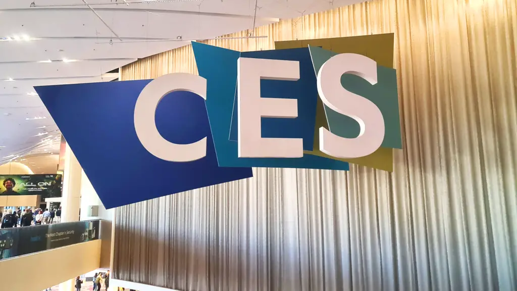The iconic CES logo prominently displayed at the tech show.
