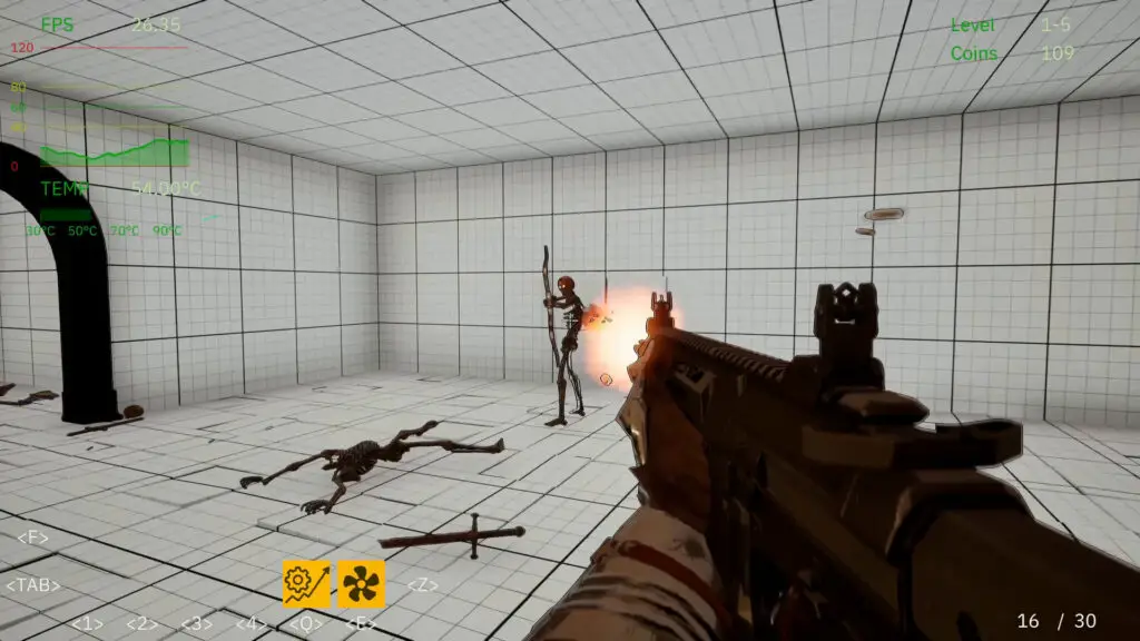 An in-game scene from FPS Quest, showing a player character engaging a skeleton in a minimal environment.