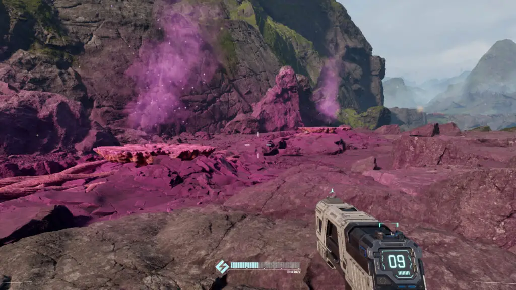 StarRupture Helium location: A player looking at a Helium-3 deposit, a large pink/purple geyser, at the base of a mountain.