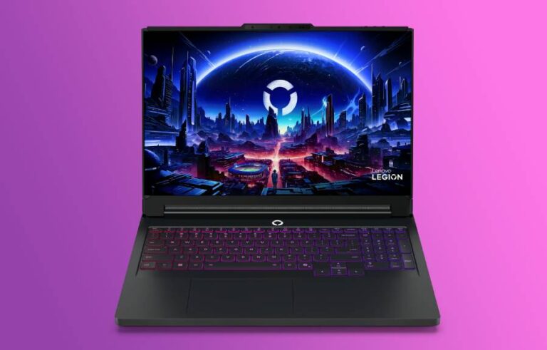 A Lenovo rollable screen concept gaming laptop, with its rolled edges tucked away, on a pink and purple background.