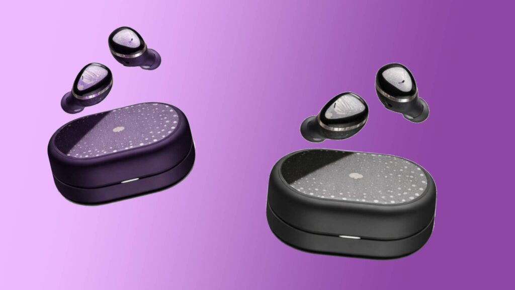 Soundpeats gaming earbuds on a pink and purple background.