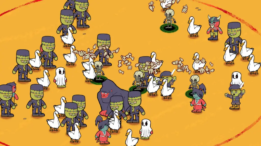 Several frankendudes swarm a gorilla and several ducks in How Many Dudes?