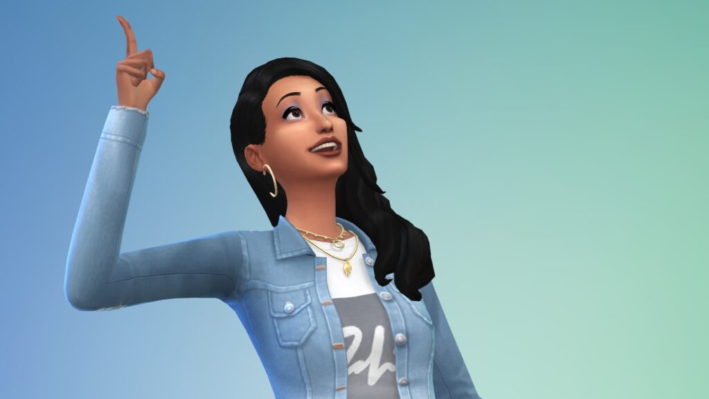 The Sims 4 - A woman makes an 'ah hah!' face while holding a finger in the air.