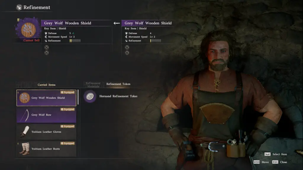 Crimson Desert Refinement Tokens: A player using a Hernand Refinement Token on a shield at blacksmith Turnali.