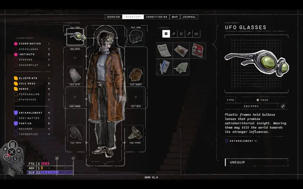 Zero Parades gameplay inventory screen showing character stats and items.