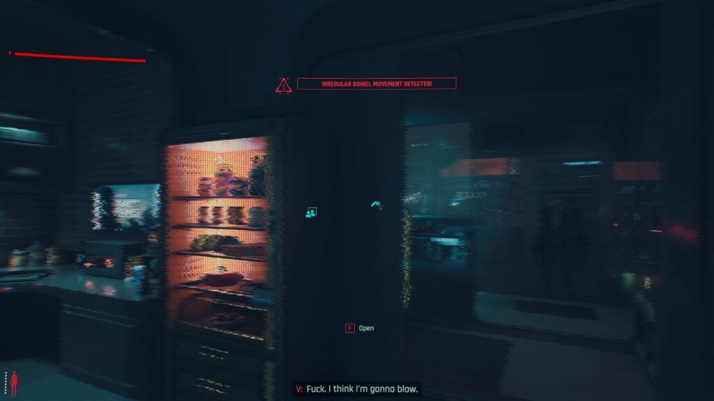 In-game warning for irregular bowel movements in Cyberpunk 2077