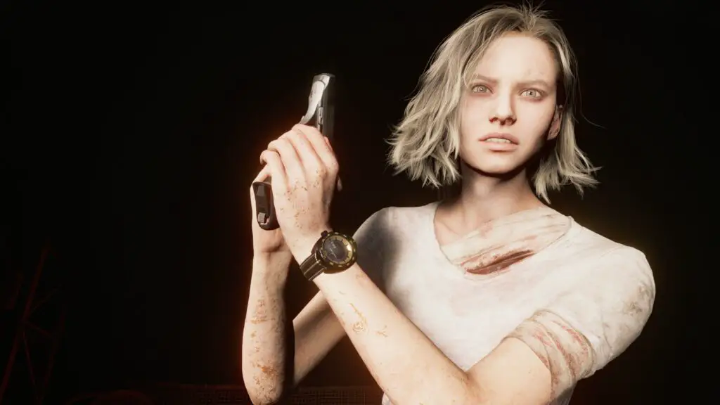 Grace stares into the light, holding her pistol in Resident Evil Requiem