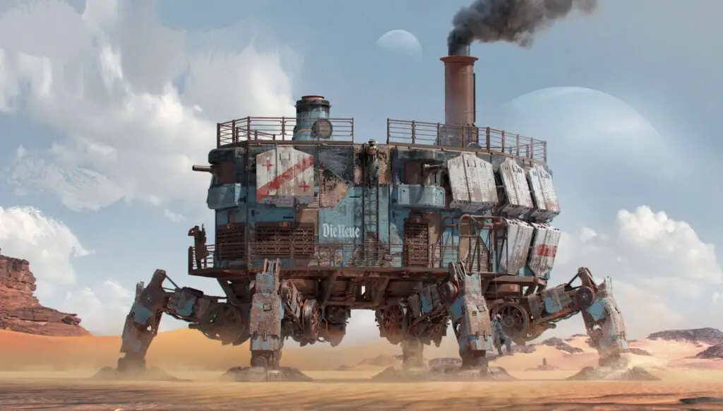 A massive mobile mechanical base traversing the desert sands in Sand: Raiders of Sophie