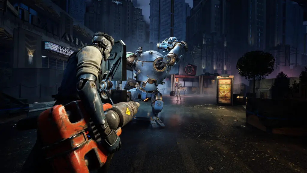 An android detective attacks a large blue robot with a massive drill