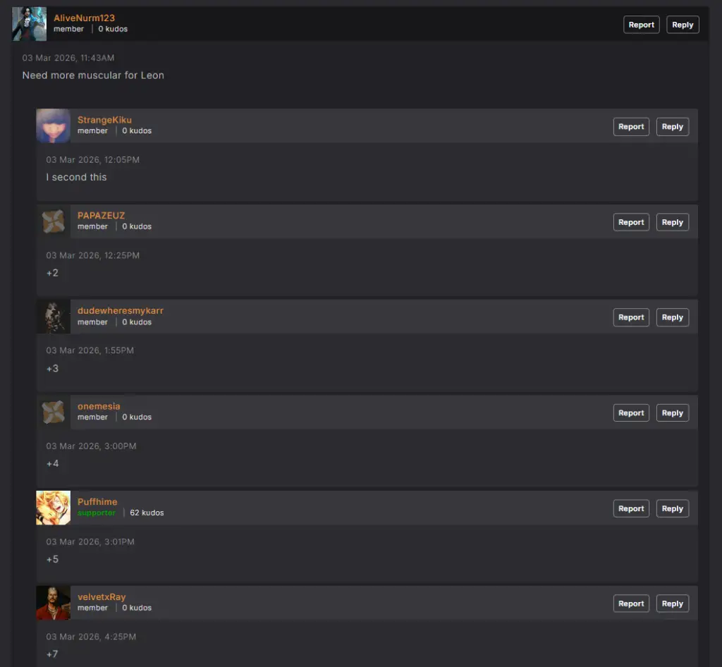 Users demand a more muscular shirtless Leon on Nexus Mods.