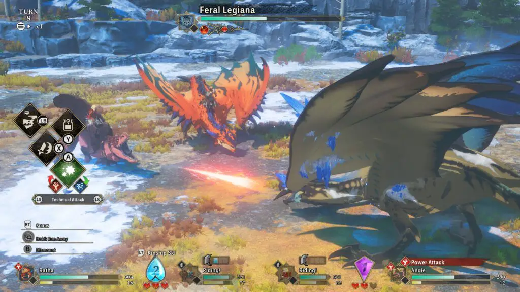 Two rangers riding their monsters face a Feral Legiana in Monster Hunter Stories 3.