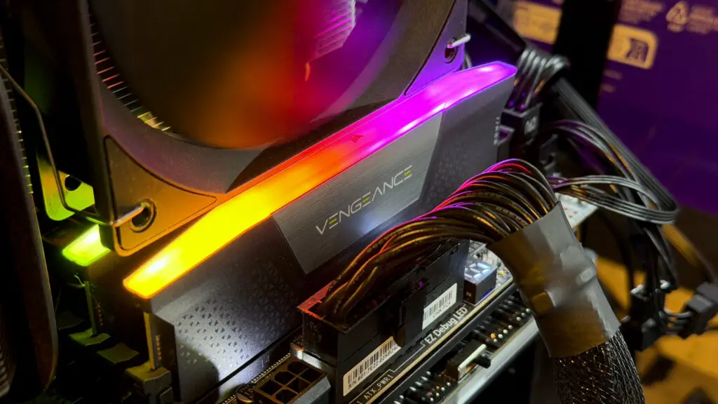 Corsair DDR5 DIMMs with RGB lighting installed on a motherboard