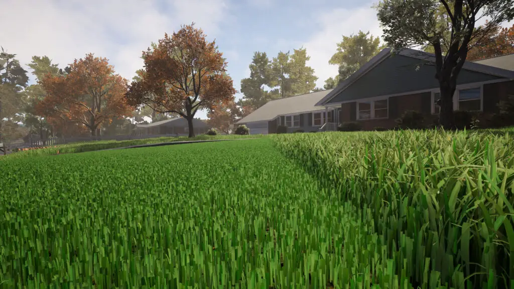 A detailed shot of a partially cut lawn in Lawn Mowing Simulator 2, showcasing the contrast between trimmed blades and wild grass.