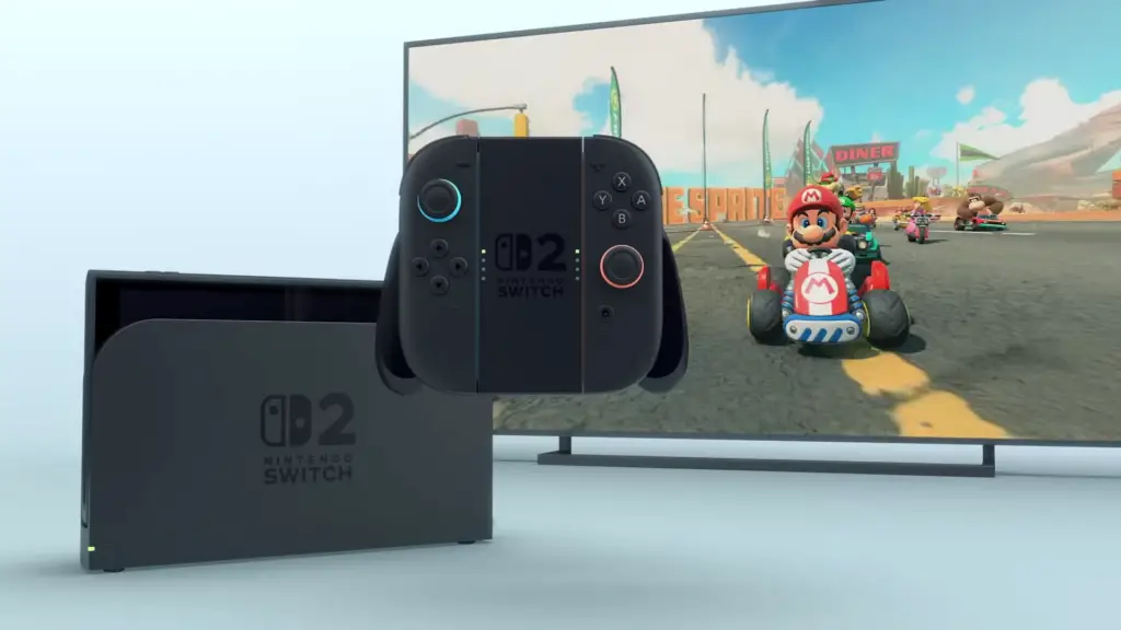 The Nintendo Switch 2 is seen in docked mode, playing Mario Kart World.