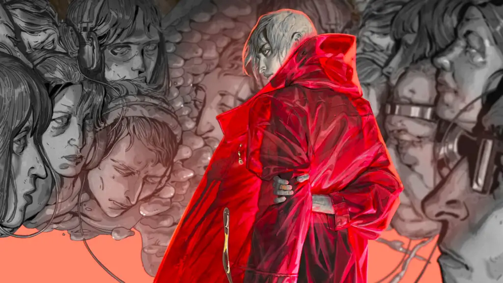 A screenshot of Zero Parades key art featuring a woman in a red trench coat against a surreal background.