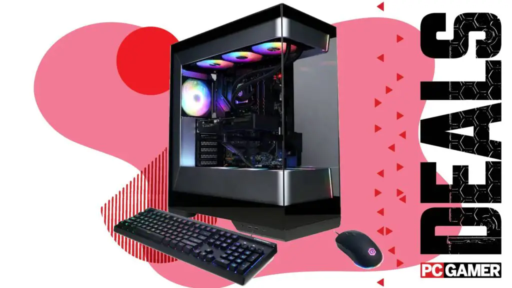 A CyberPowerPC gaming PC with mouse and keyboard on a custom PC Gamer Deals background