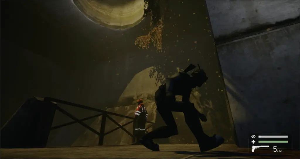 A covert operative moves through a dark sewer system avoiding a guard.