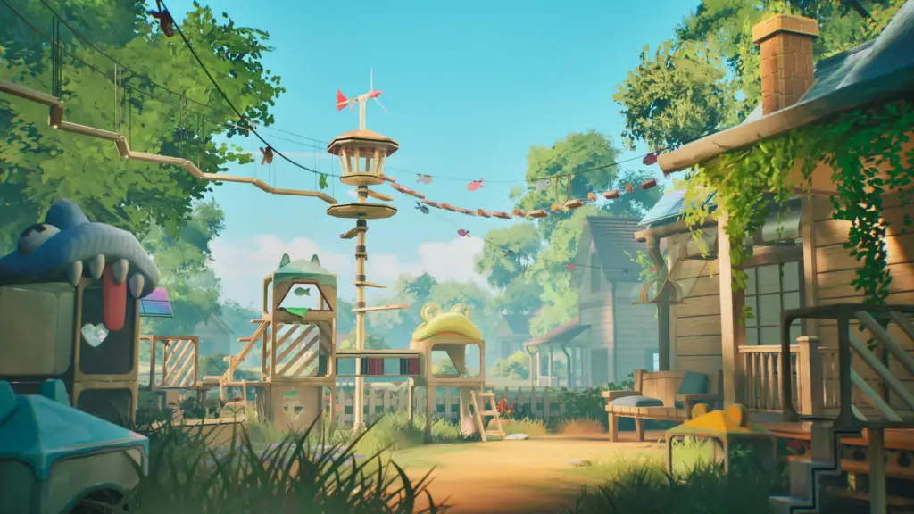 A garden full of cat toys and lush greenery.