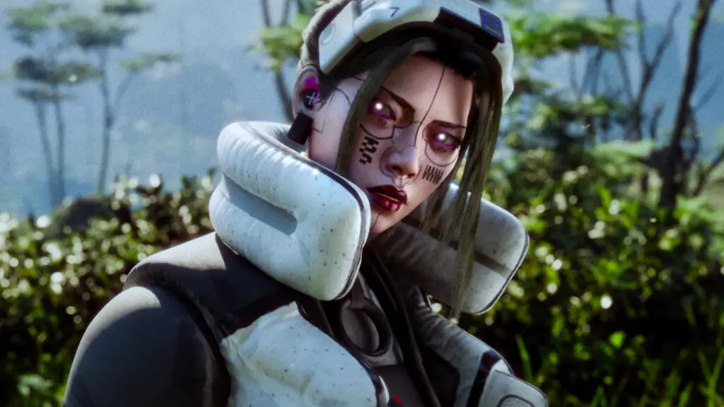 Marathon: A close-up shot of the Thief Runner Shell looking towards the camera with a stern expression.