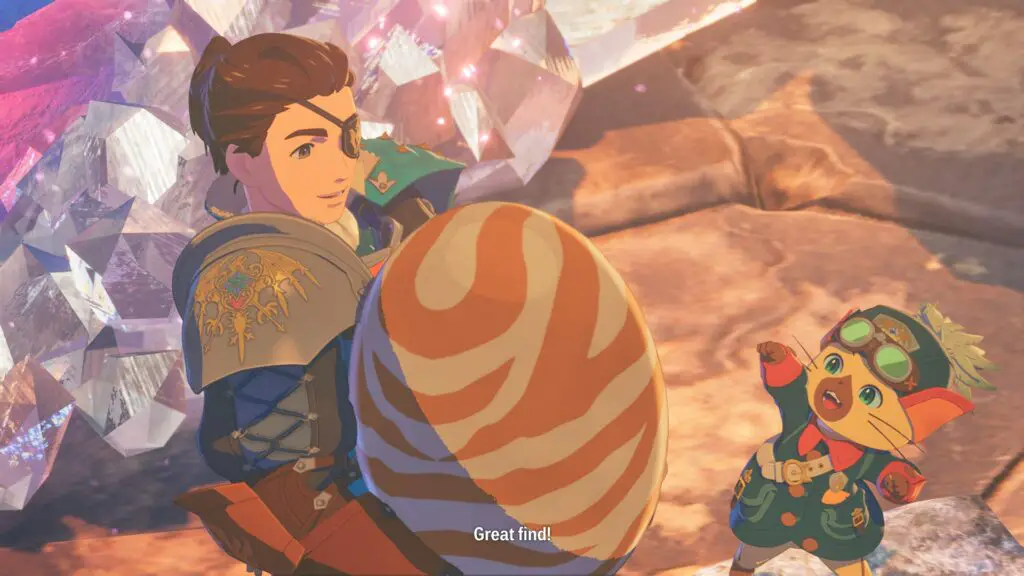 A player character holds a large monster egg while their Palico companion celebrates in Monster Hunter Stories 3.