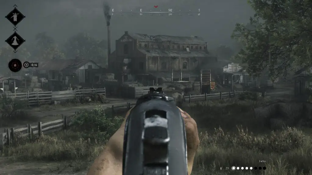 Peering down the sights of a rifle in Hunt Showdown.