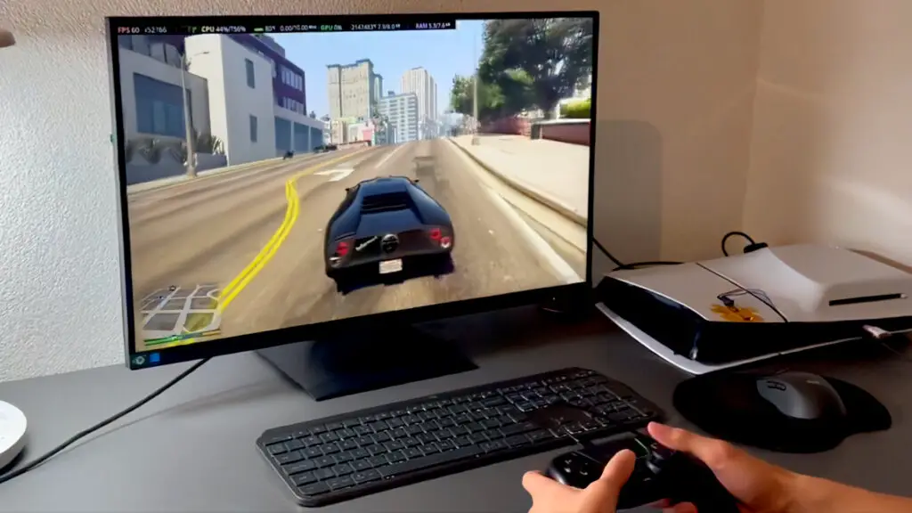 A screenshot of a video posted by Andy Nguyen on X, showing a Sony PS5 Slim running Ubuntu OS and GTA 5 Enhanced
