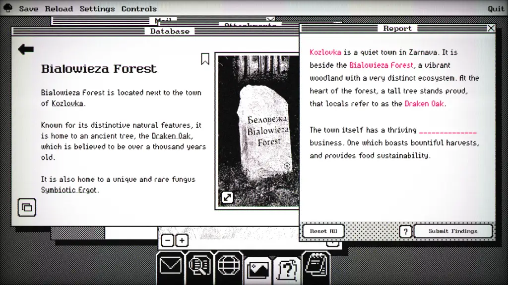 Lost Wiki: Kozlovka gameplay showing a retro 90s computer desktop with multiple windows and a database report.