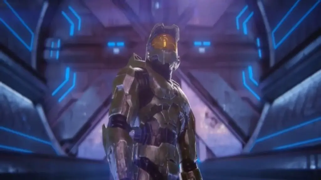Master Chief stands in a Covenant ship representing the Halo franchise.