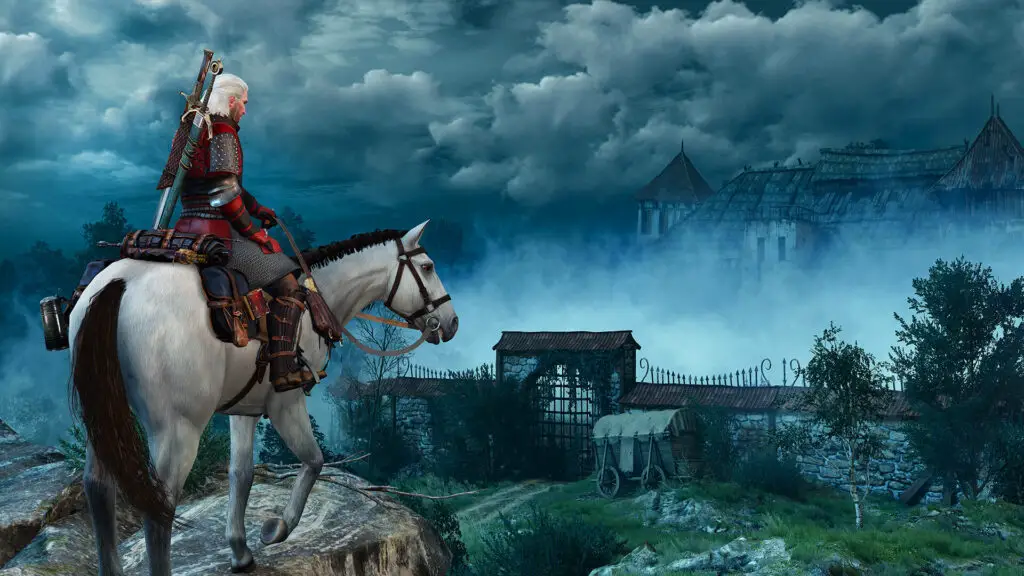 Geralt of Rivia arriving at the Von Everec Estate in the Hearts of Stone DLC.