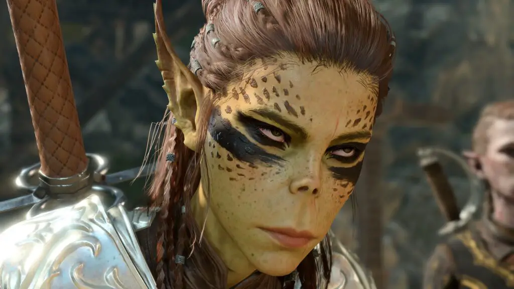 Lae'Zel expressing disapproval during a dialogue sequence