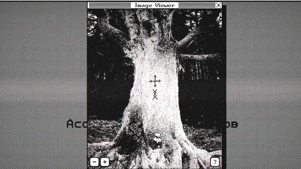 A screenshot of the Lost Wiki: Kozlovka interface showing a black and white photo of the Draken Oak with mysterious symbols.