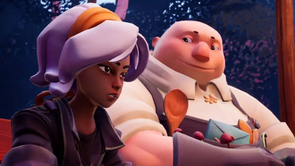 Two characters from Wanderstop sitting on a bench engaged in deep conversation