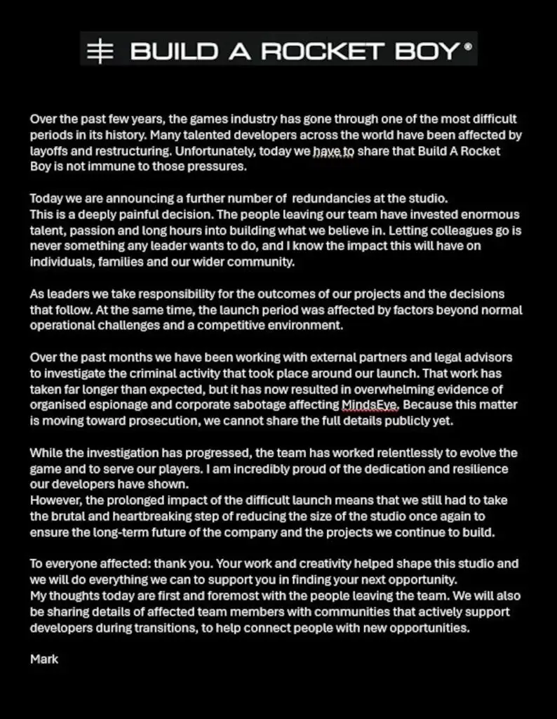 Official notice regarding studio restructuring and layoffs