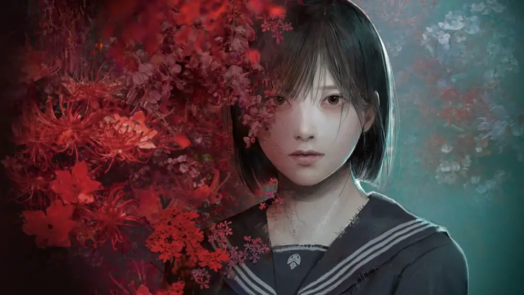 A Japanese schoolgirl, partially obscured by red flowers