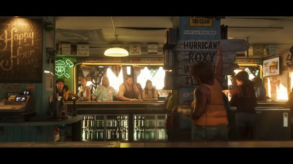 A screenshot from the GTA 6 trailer showing a vibrant bar scene